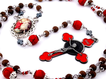 Saint Margaret Mary Alacoque unique rosary beads dark olive wood rosary  with red enamel Saint Benedict crucifix.