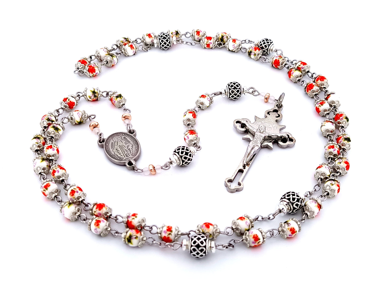 Miraculous Medal unique rosary beads floral porcelain and silver lattice rosary with stainless steel Saint Benedict crucifix.