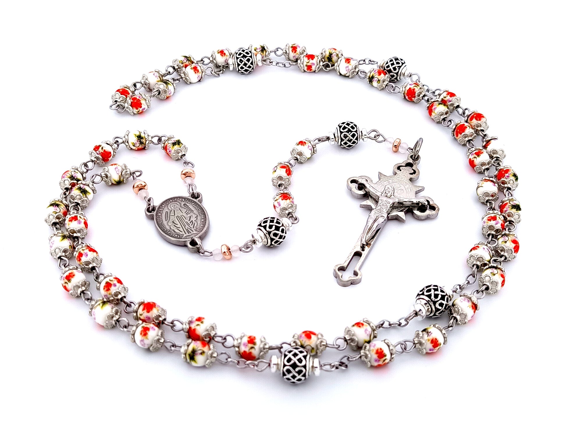 Miraculous Medal unique rosary beads floral porcelain and silver lattice rosary with stainless steel Saint Benedict crucifix.