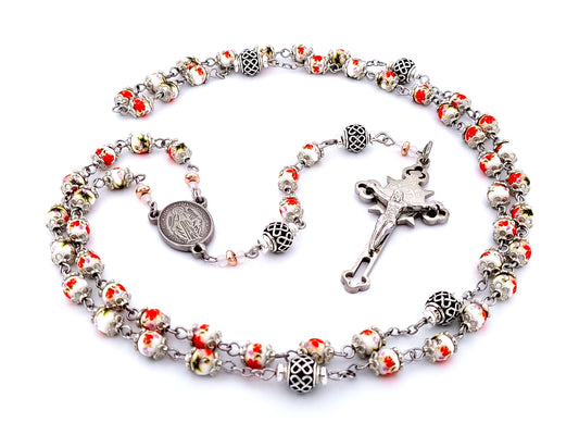 Miraculous Medal unique rosary beads floral porcelain and silver lattice rosary with stainless steel Saint Benedict crucifix.