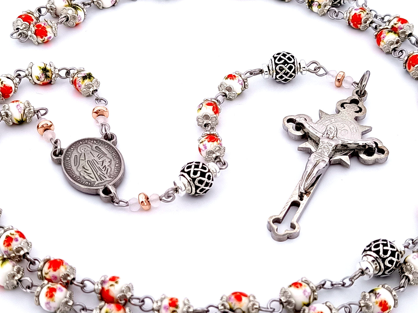 Miraculous Medal unique rosary beads floral porcelain and silver lattice rosary with stainless steel Saint Benedict crucifix.