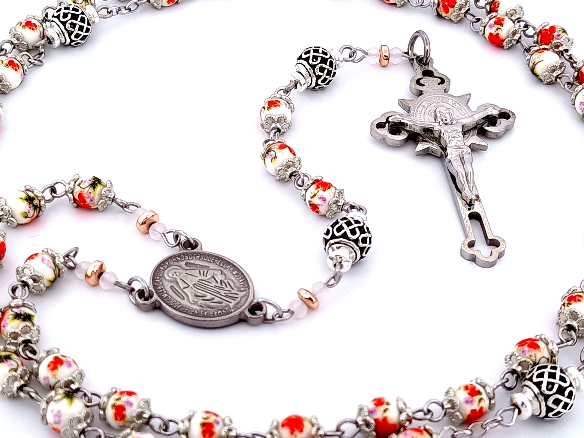 Miraculous Medal unique rosary beads floral porcelain and silver lattice rosary with stainless steel Saint Benedict crucifix.