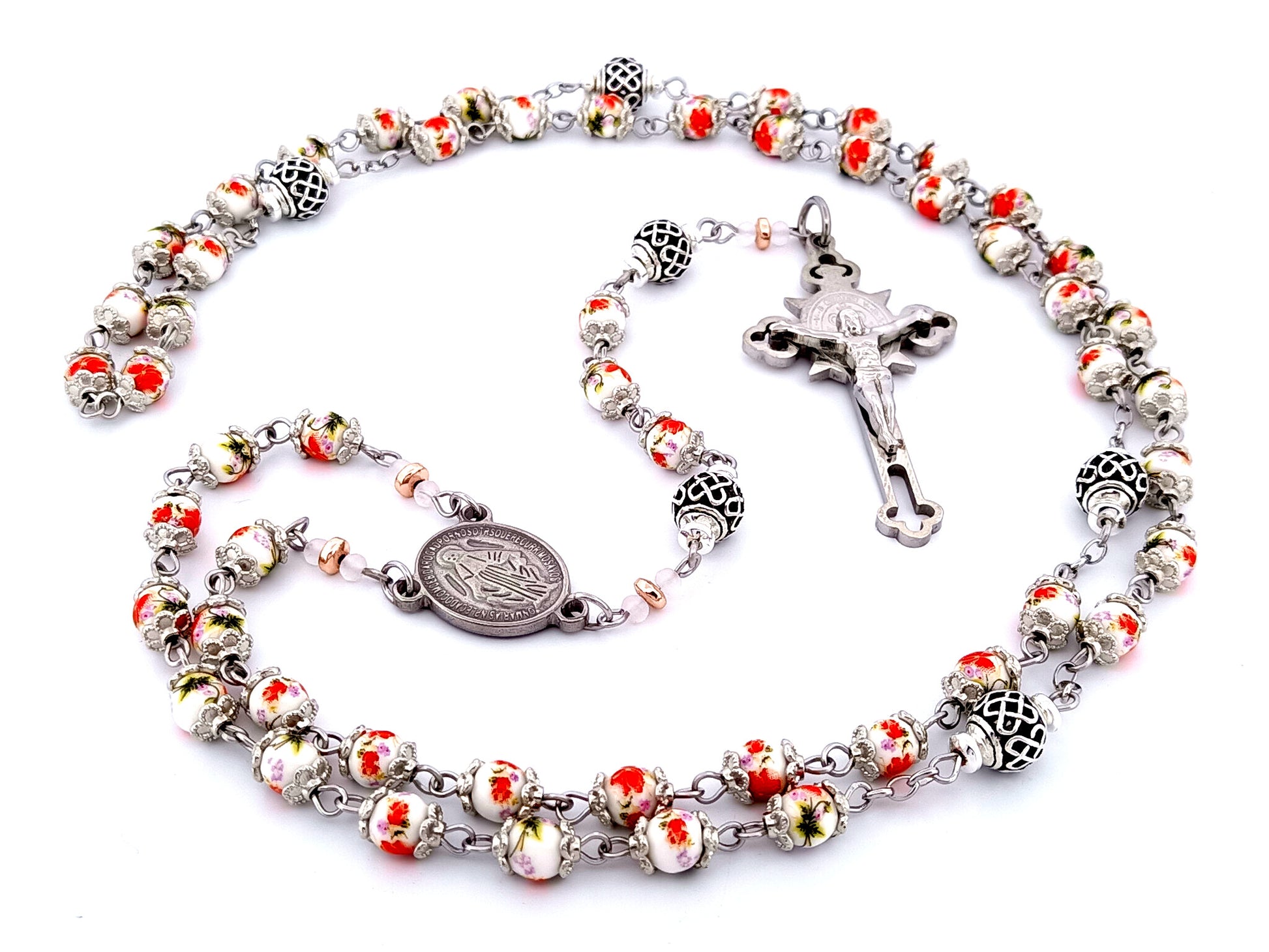 Miraculous Medal unique rosary beads floral porcelain and silver lattice rosary with stainless steel Saint Benedict crucifix.