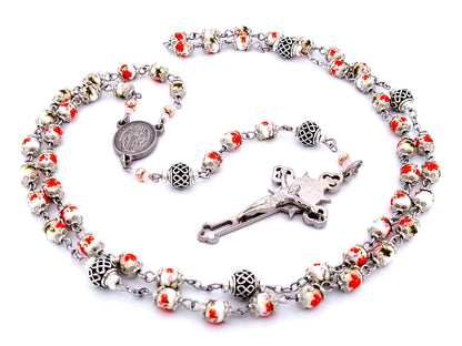 Miraculous Medal unique rosary beads floral porcelain and silver lattice rosary with stainless steel Saint Benedict crucifix.