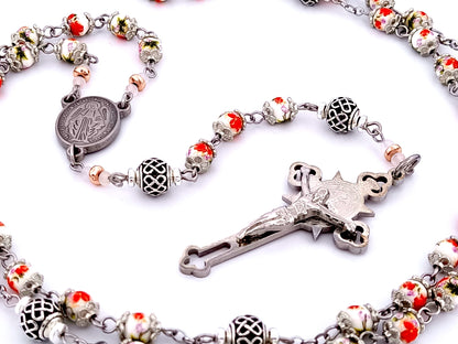 Miraculous Medal unique rosary beads floral porcelain and silver lattice rosary with stainless steel Saint Benedict crucifix.