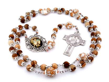 Saint Catherine of Sienna unique rosary beads map jasper gemstone rosary with Saint Francis Portiuncula crucifix.