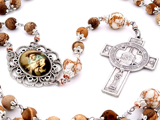 Saint Catherine of Sienna unique rosary beads map jasper gemstone rosary with Saint Francis Portiuncula crucifix.