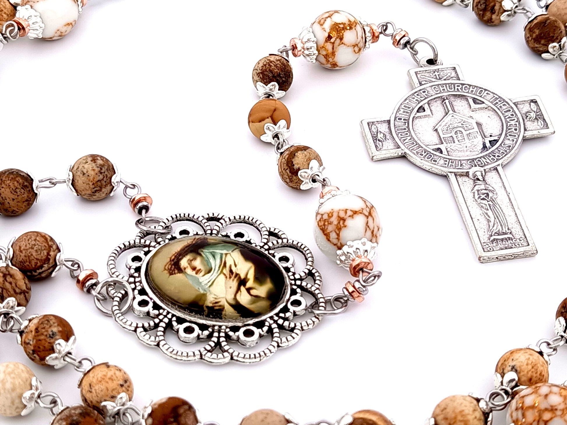 Saint Catherine of Sienna unique rosary beads map jasper gemstone rosary with Saint Francis Portiuncula crucifix.