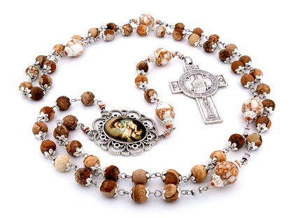 Saint Catherine of Sienna unique rosary beads map jasper gemstone rosary with Saint Francis Portiuncula crucifix.