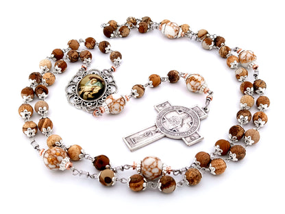 Saint Catherine of Sienna unique rosary beads map jasper gemstone rosary with Saint Francis Portiuncula crucifix.