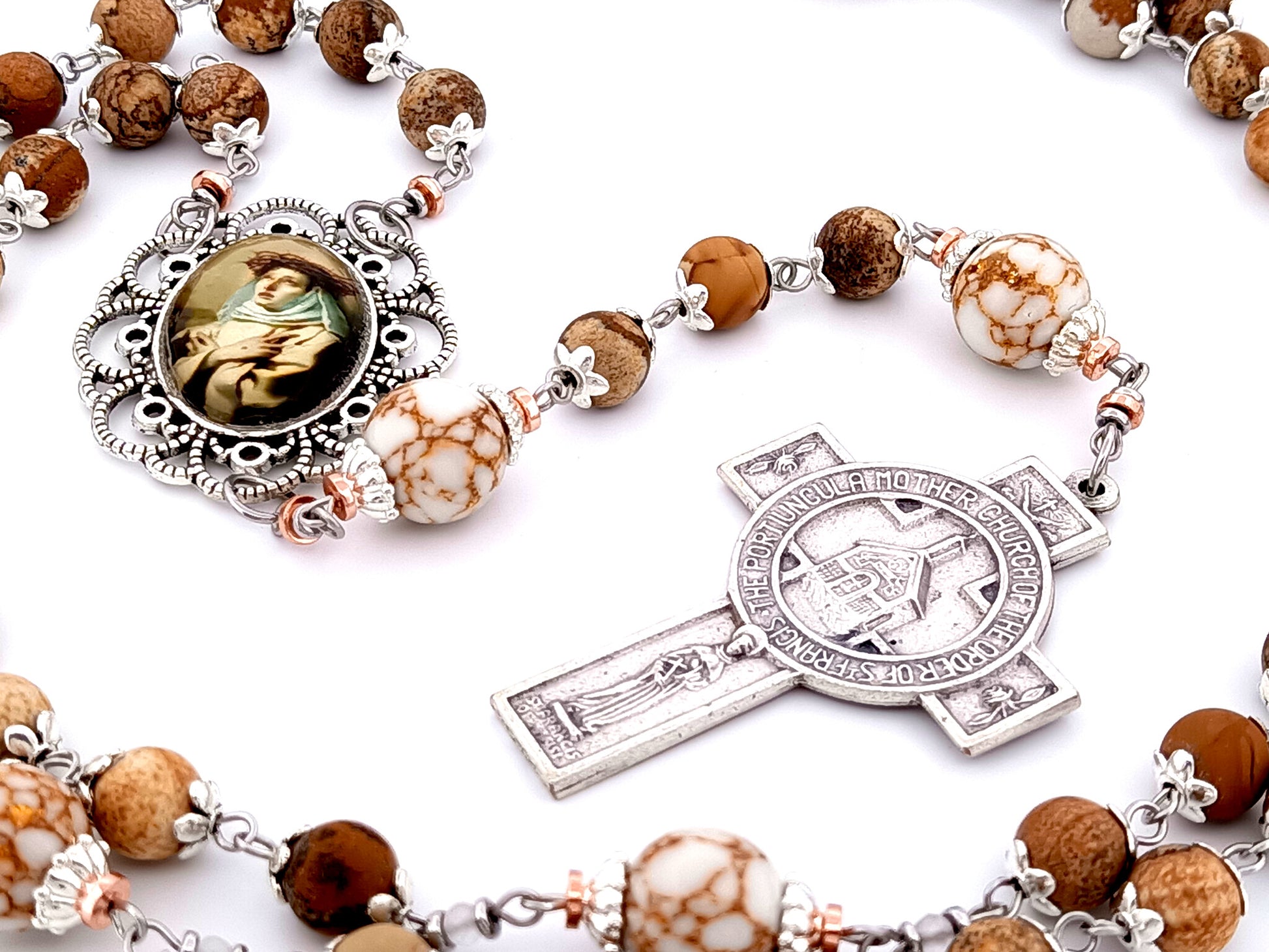 Saint Catherine of Sienna unique rosary beads map jasper gemstone rosary with Saint Francis Portiuncula crucifix.