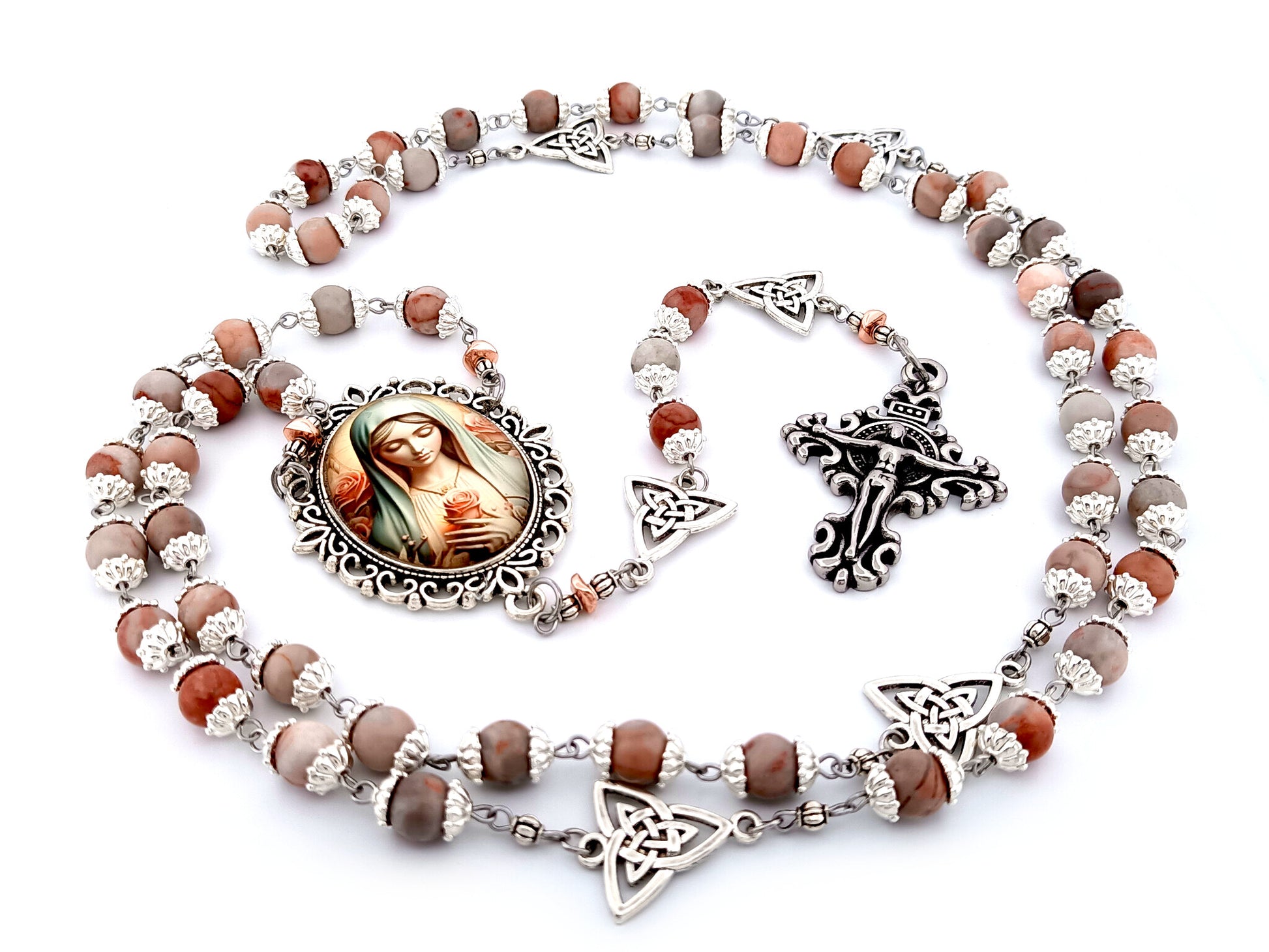 Our Lady with roses unique rosary beads rhodonite gemstone and Holy Trinity medals beads with stainless steel filigree crucifix.