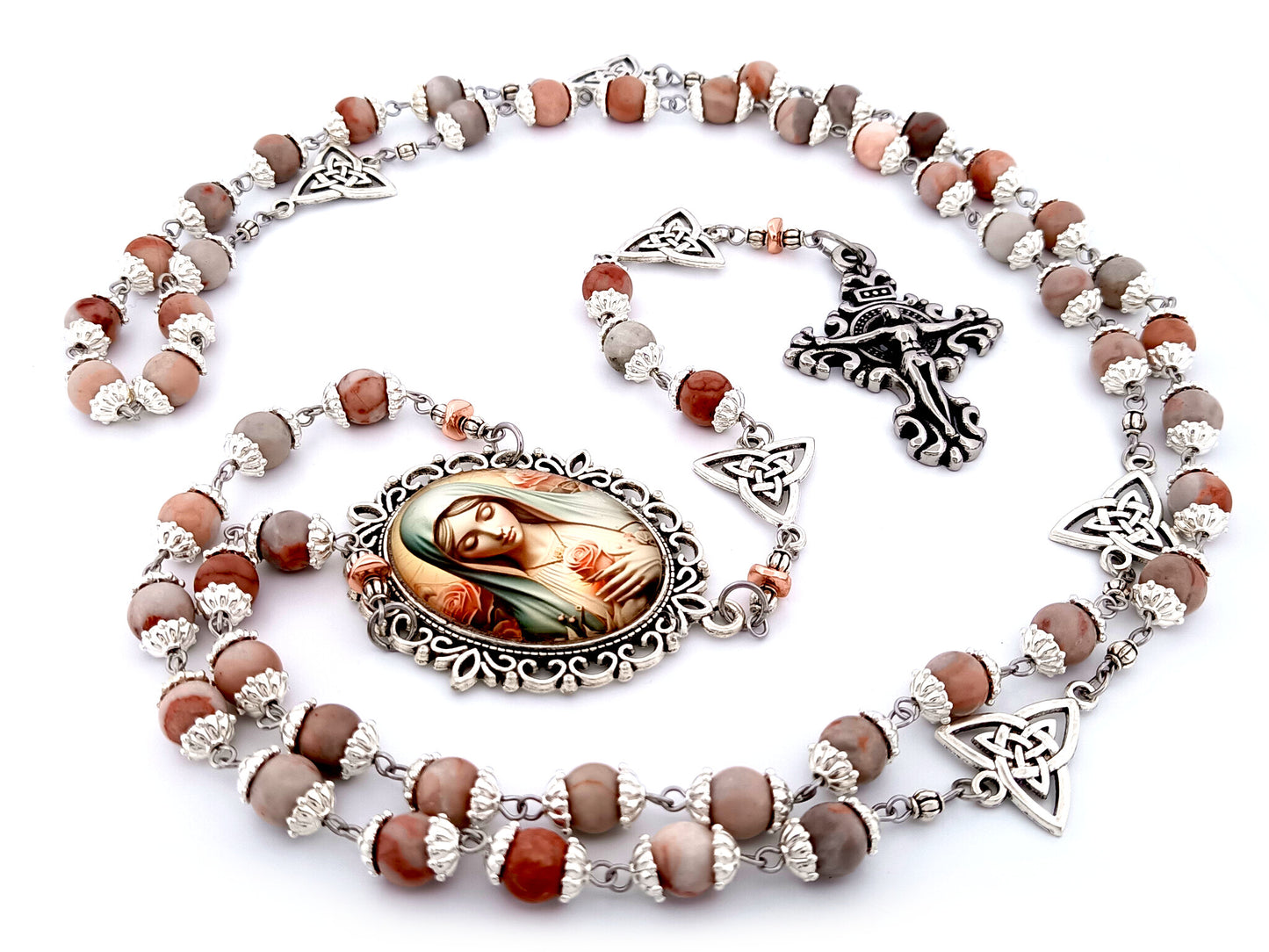 Our Lady with roses unique rosary beads rhodonite gemstone and Holy Trinity medals beads with stainless steel filigree crucifix.