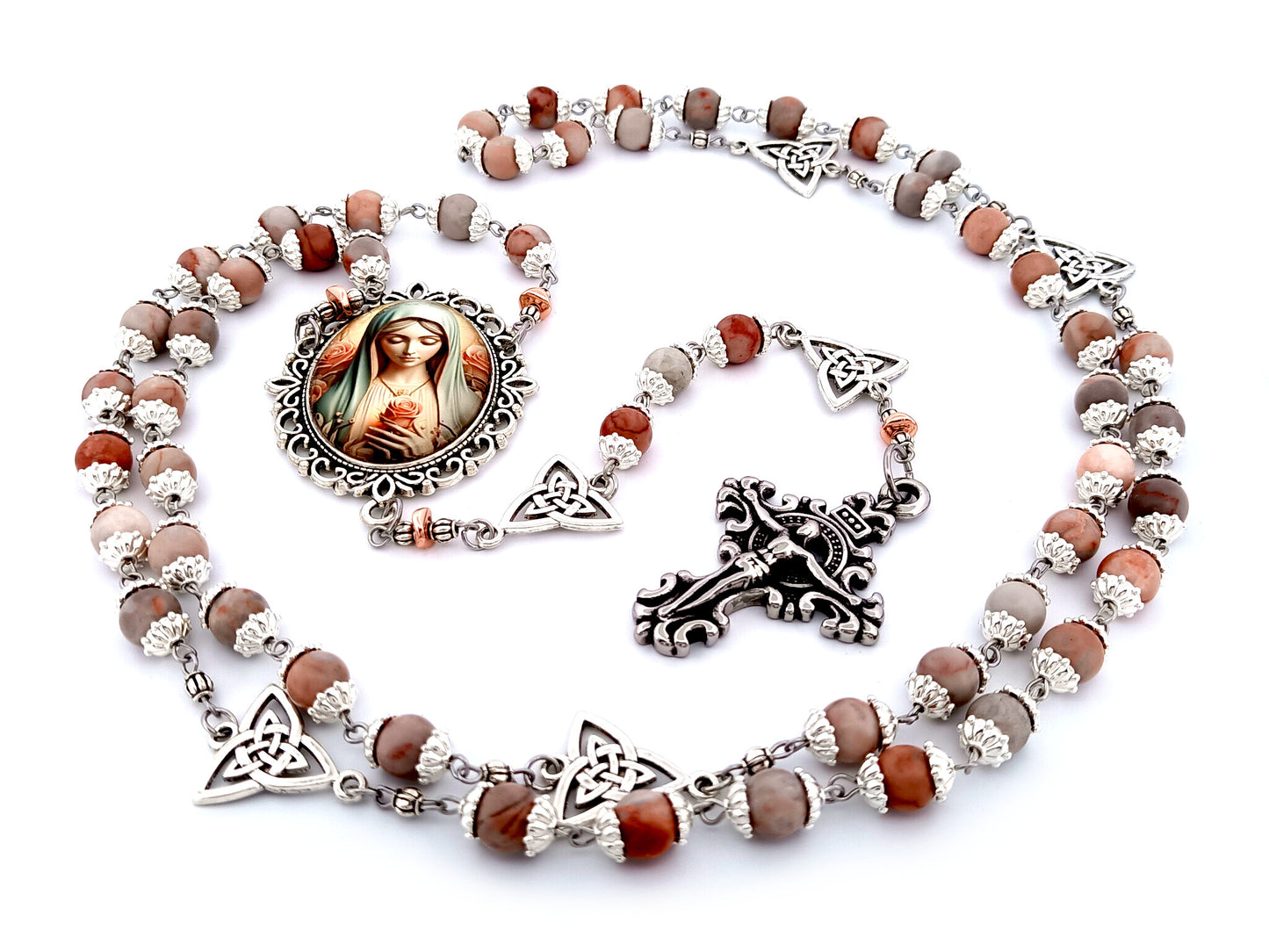 Our Lady with roses unique rosary beads rhodonite gemstone and Holy Trinity medals beads with stainless steel filigree crucifix.
