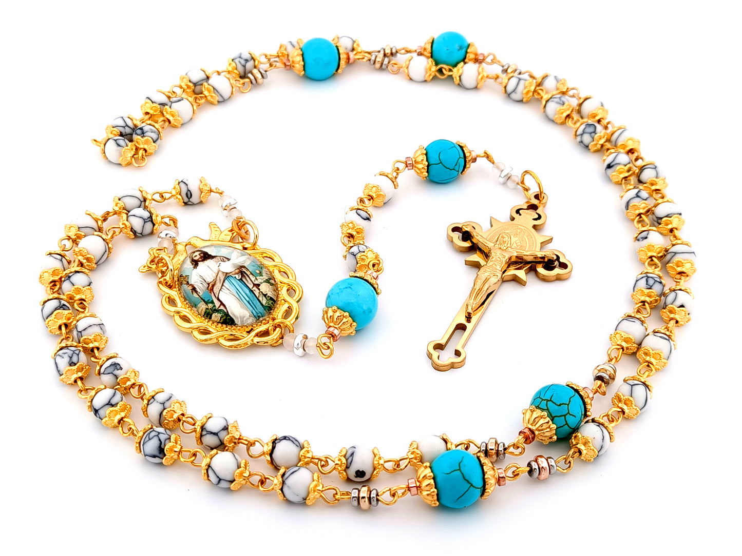 Spirit of Jesus unique rosary beads howlite and turquoise gemstone rosary with gold plated Saint Benedict crucifix.