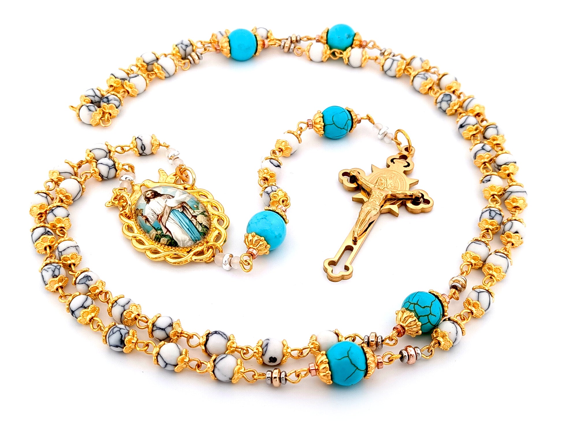 Spirit of Jesus unique rosary beads howlite and turquoise gemstone rosary with gold plated Saint Benedict crucifix.