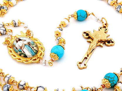 Spirit of Jesus unique rosary beads howlite and turquoise gemstone rosary with gold plated Saint Benedict crucifix.