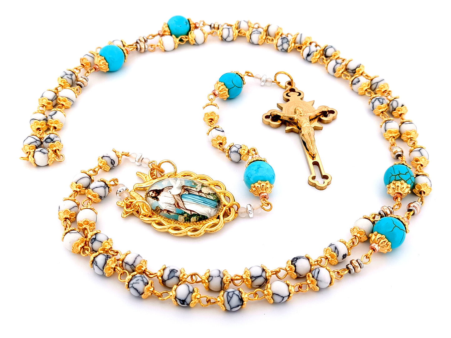 Spirit of Jesus unique rosary beads howlite and turquoise gemstone rosary with gold plated Saint Benedict crucifix.