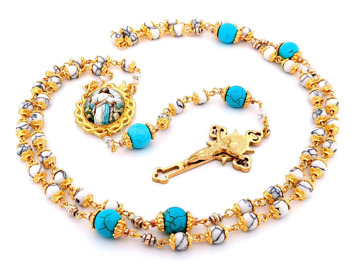 Spirit of Jesus unique rosary beads howlite and turquoise gemstone rosary with gold plated Saint Benedict crucifix.