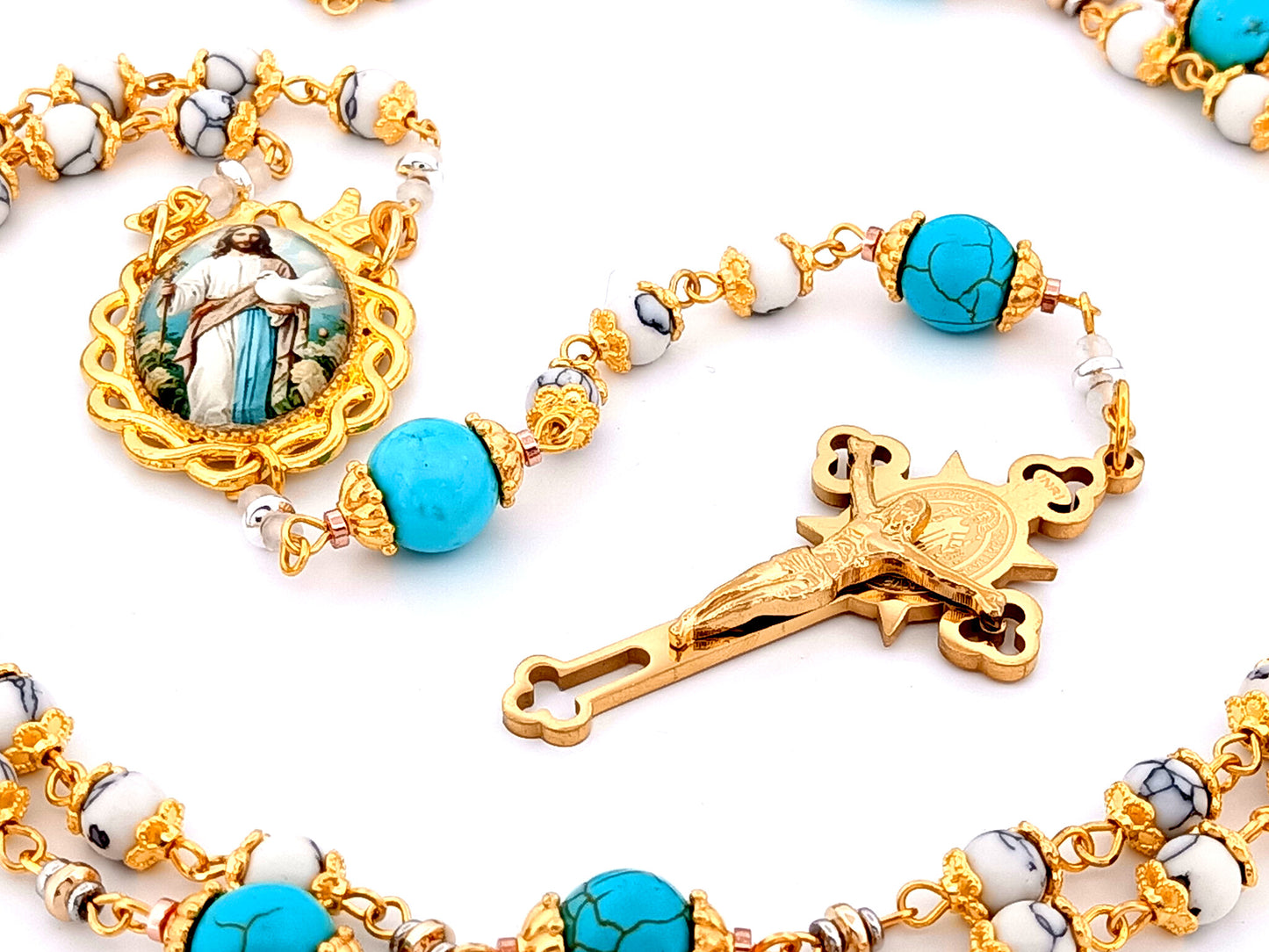 Spirit of Jesus unique rosary beads howlite and turquoise gemstone rosary with gold plated Saint Benedict crucifix.