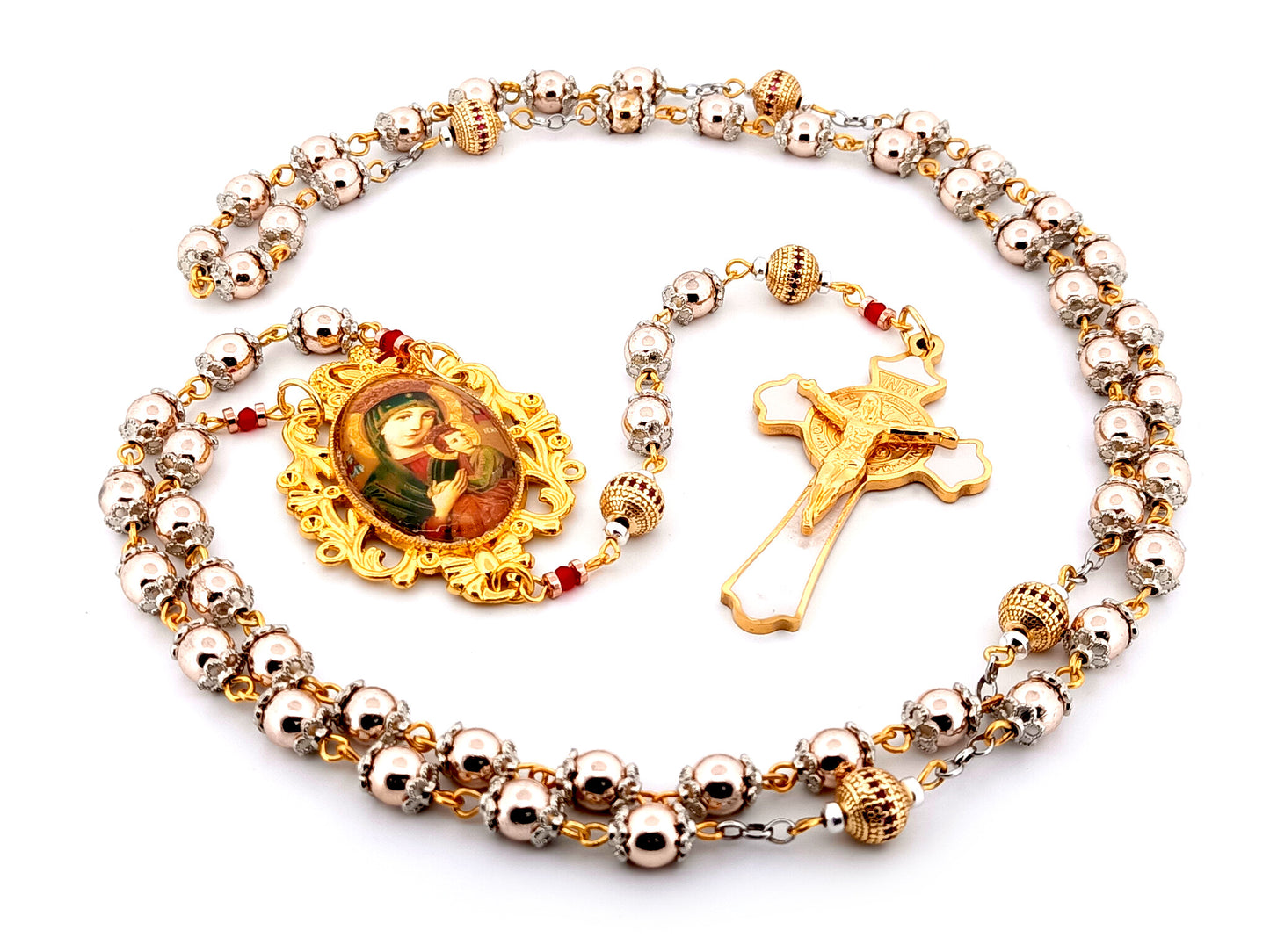 Our Lady of Perpetual Help unique rosary beads rose gold hematite gemstone and 18K gold plated cubic zirconia rosary with white enamel and gold Saint Benedict crucifix.