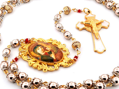 Our Lady of Perpetual Help unique rosary beads rose gold hematite gemstone and 18K gold plated cubic zirconia rosary with white enamel and gold Saint Benedict crucifix.