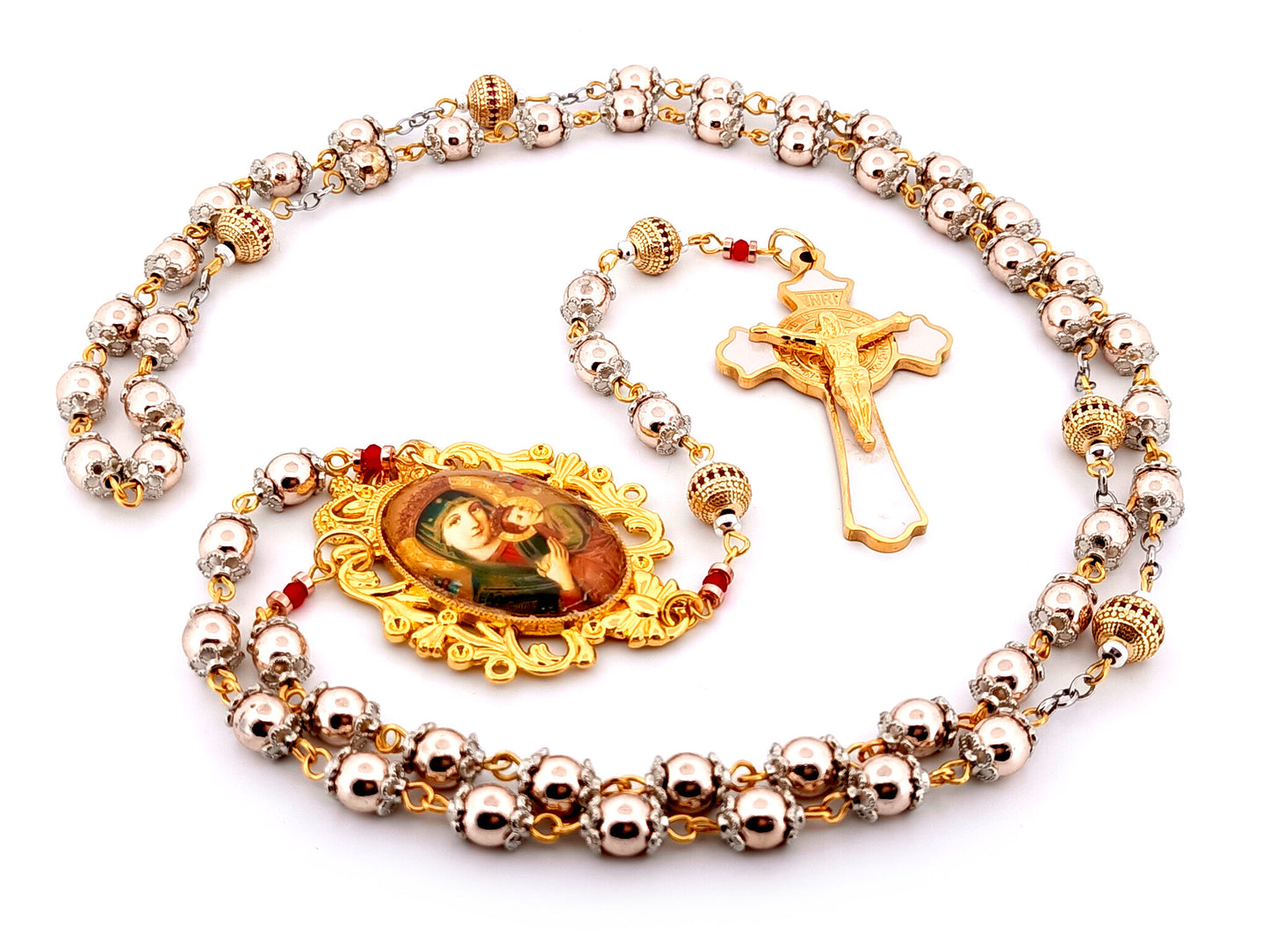 Our Lady of Perpetual Help unique rosary beads rose gold hematite gemstone and 18K gold plated cubic zirconia rosary with white enamel and gold Saint Benedict crucifix.