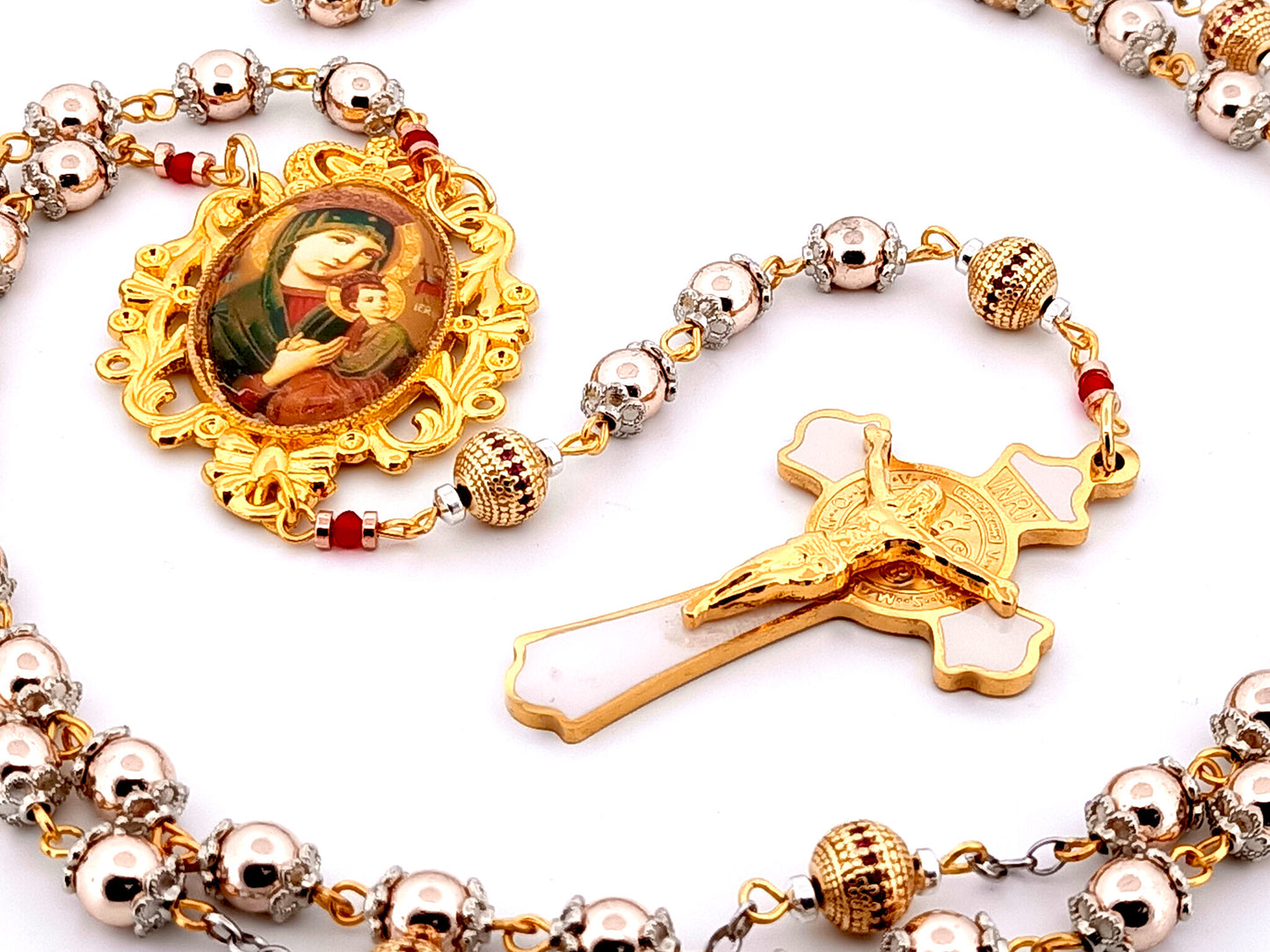 Our Lady of Perpetual Help unique rosary beads rose gold hematite gemstone and 18K gold plated cubic zirconia rosary with white enamel and gold Saint Benedict crucifix.