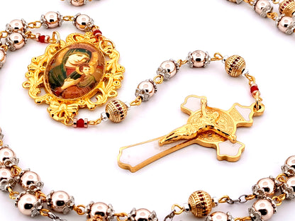 Our Lady of Perpetual Help unique rosary beads rose gold hematite gemstone and 18K gold plated cubic zirconia rosary with white enamel and gold Saint Benedict crucifix.