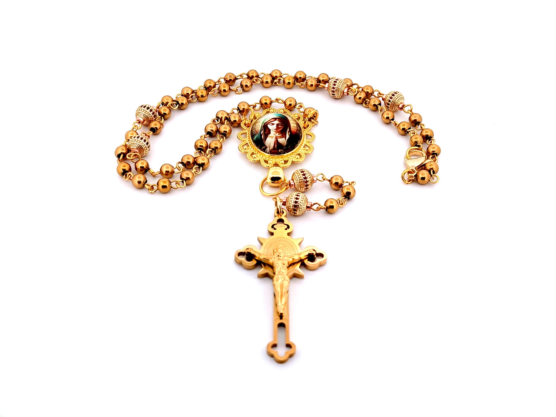 Our Lady at prayer unique rosary beads gold plated stainless steel and 18K gold plated cubic zirconia rosary with gold plated Saint Benedict crucifix.