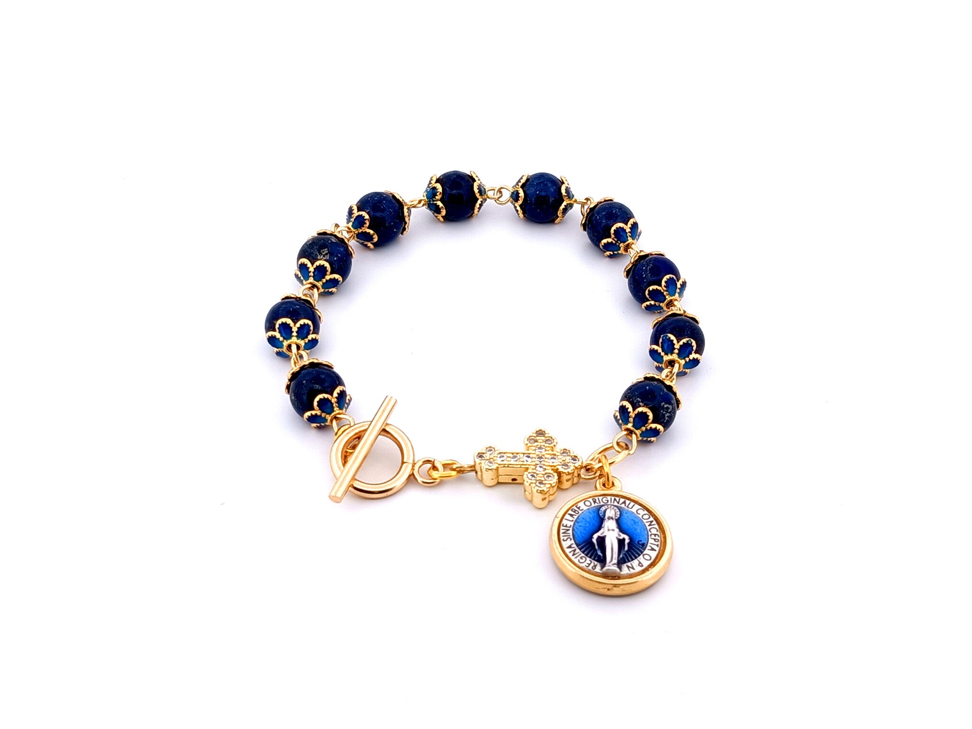 Miraculous medal unique rosary beads lapis lazuli gemstone single decade rosary bracelet with gold plated cubic zirconia cross.
