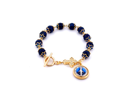 Miraculous medal unique rosary beads lapis lazuli gemstone single decade rosary bracelet with gold plated cubic zirconia cross.