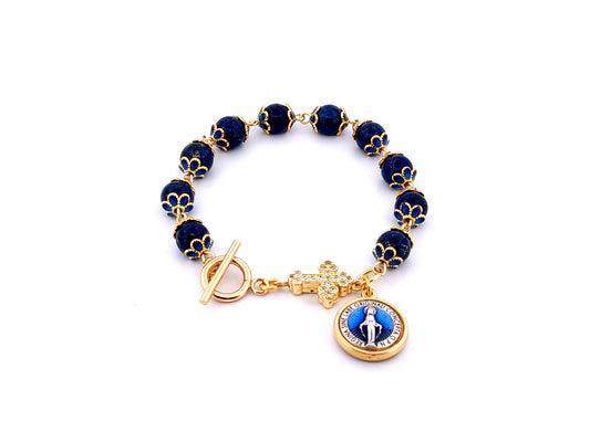 Miraculous medal unique rosary beads lapis lazuli gemstone single decade rosary bracelet with gold plated cubic zirconia cross.
