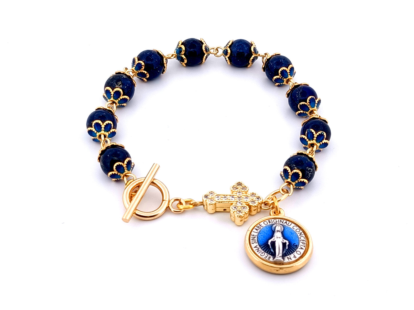 Miraculous medal unique rosary beads lapis lazuli gemstone single decade rosary bracelet with gold plated cubic zirconia cross.