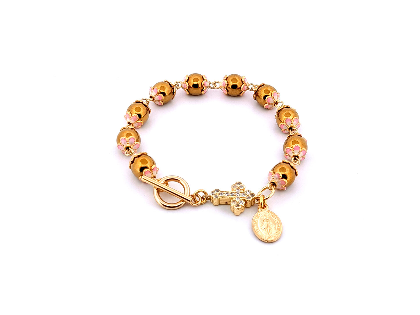 Miraculous medal unique rosary beads gold plated hematite gemstone single decade rosary bracelet with gold plated cubic zirconia cross.