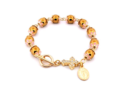 Miraculous medal unique rosary beads gold plated hematite gemstone single decade rosary bracelet with gold plated cubic zirconia cross.