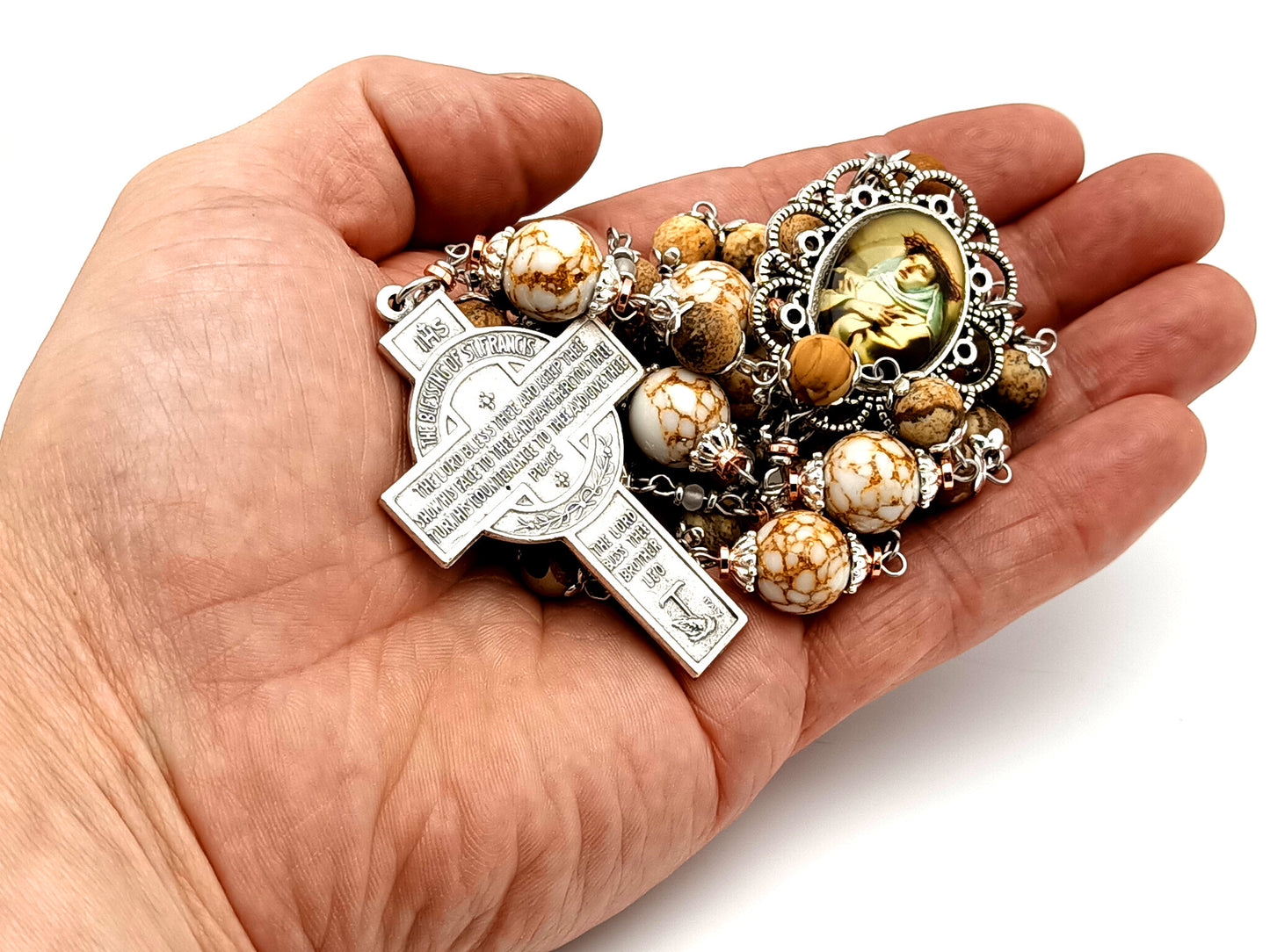 Saint Catherine of Sienna unique rosary beads map jasper gemstone rosary with Saint Francis Portiuncula crucifix.