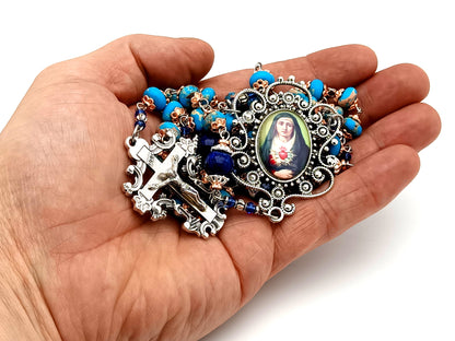 Our Lady of Sorrows unique rosary beads blue jasper gemstone dolor rosary prayer chaplet beads with filigree crucifix.