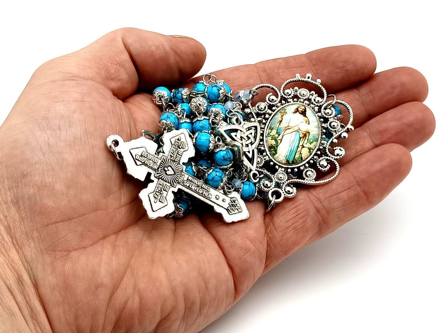 Spirit of Jesus unique rosary beads turquoise gemstone rosary beads with Holy Trinity medals and Pardon crucifix.