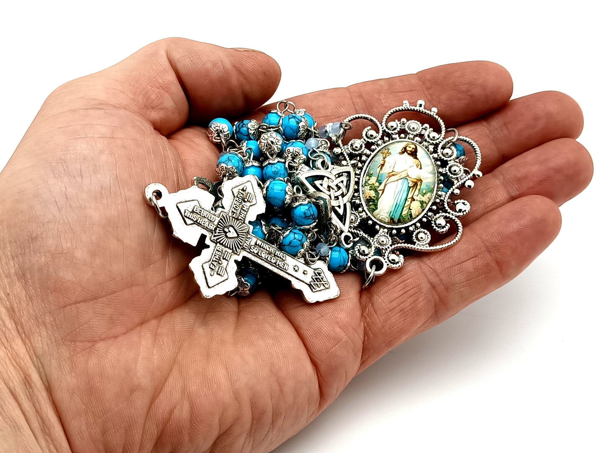 Spirit of Jesus unique rosary beads turquoise gemstone rosary beads with Holy Trinity medals and Pardon crucifix.