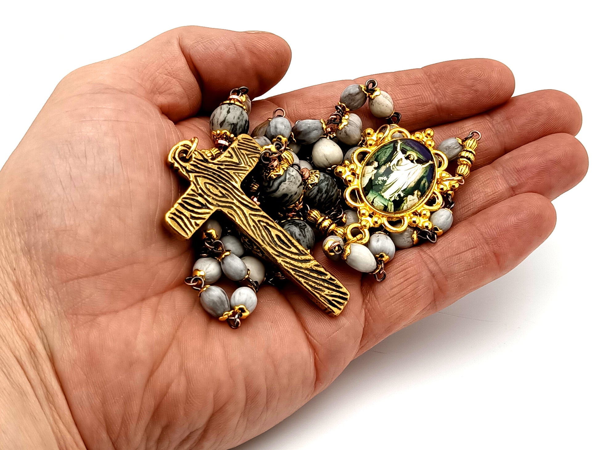 Christ's Resurrection unique rosary beads Jobs tears and jasper gemstone rosary with solid brass crucifix.