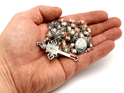 Miraculous Medal unique rosary beads floral porcelain and silver lattice rosary with stainless steel Saint Benedict crucifix.