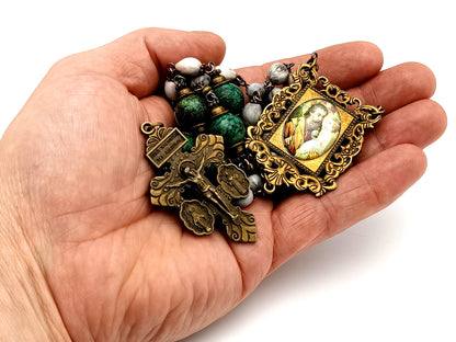 Saint Joseph and child Jesus unique rosary beads Jobs tears and jasper gemstone rosary beads with double medal crucifix.