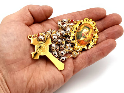 Our Lady of Perpetual Help unique rosary beads rose gold hematite gemstone and 18K gold plated cubic zirconia rosary with white enamel and gold Saint Benedict crucifix.
