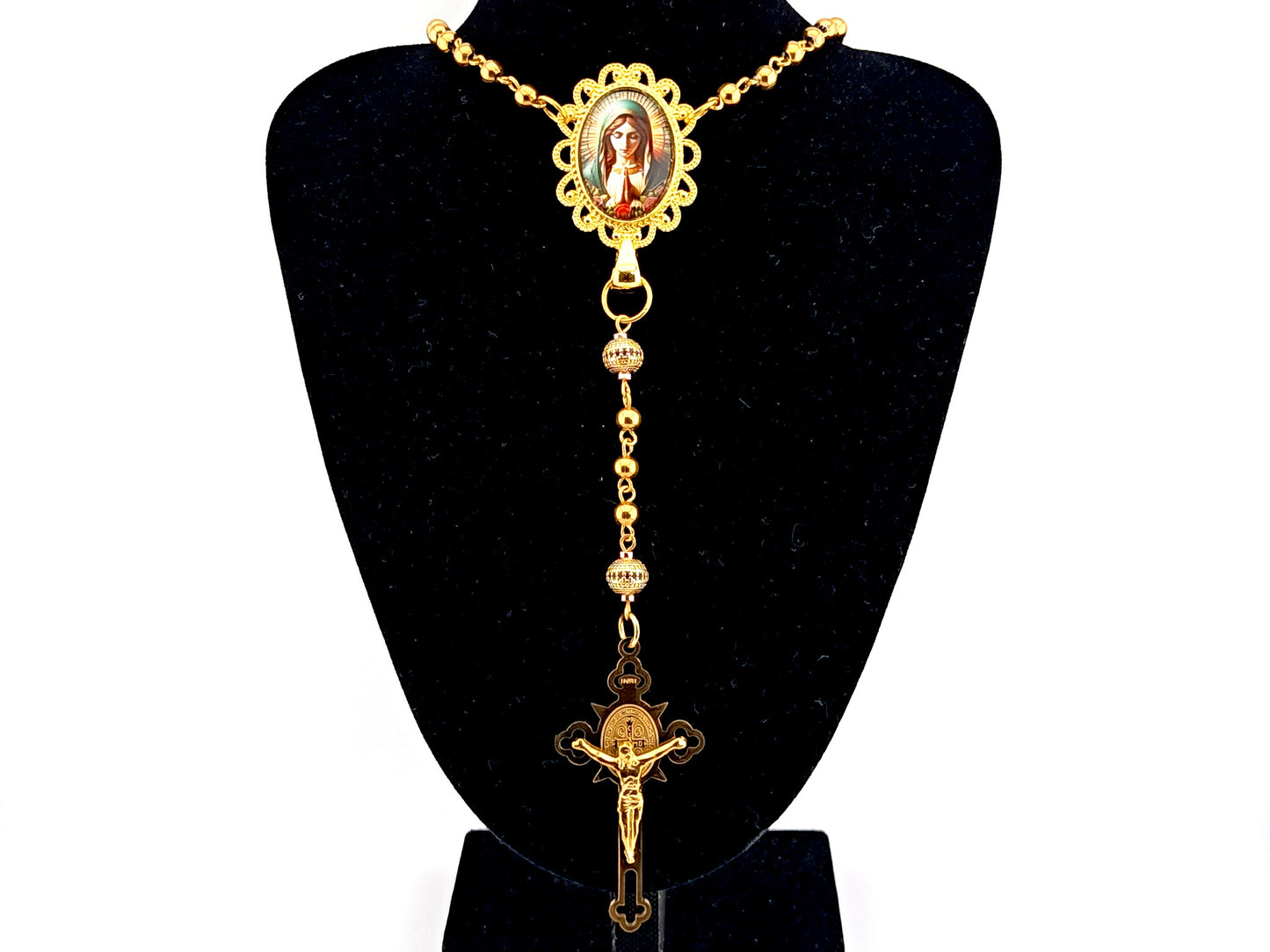 Our Lady at prayer unique rosary beads gold plated stainless steel and 18K gold plated cubic zirconia rosary with gold plated Saint Benedict crucifix.