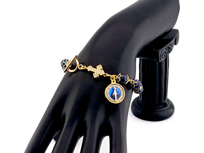 Miraculous medal unique rosary beads lapis lazuli gemstone single decade rosary bracelet with gold plated cubic zirconia cross.
