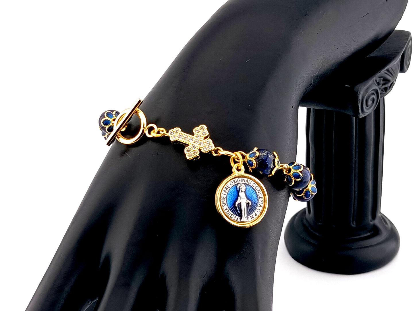 Miraculous medal unique rosary beads lapis lazuli gemstone single decade rosary bracelet with gold plated cubic zirconia cross.