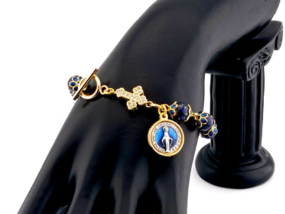 Miraculous medal unique rosary beads lapis lazuli gemstone single decade rosary bracelet with gold plated cubic zirconia cross.