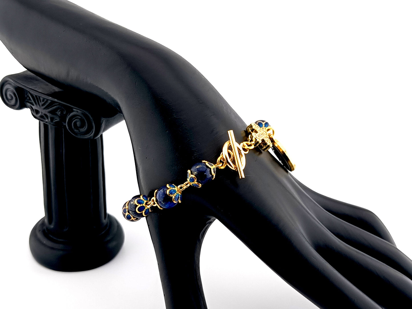 Miraculous medal unique rosary beads lapis lazuli gemstone single decade rosary bracelet with gold plated cubic zirconia cross.