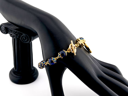 Miraculous medal unique rosary beads lapis lazuli gemstone single decade rosary bracelet with gold plated cubic zirconia cross.